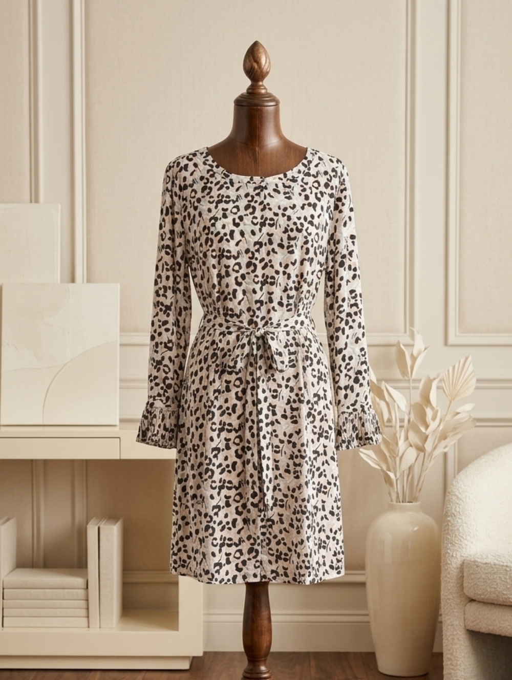 LOFT Cream and Black Leopard Print Long-Sleeve Tie-Waist Dress